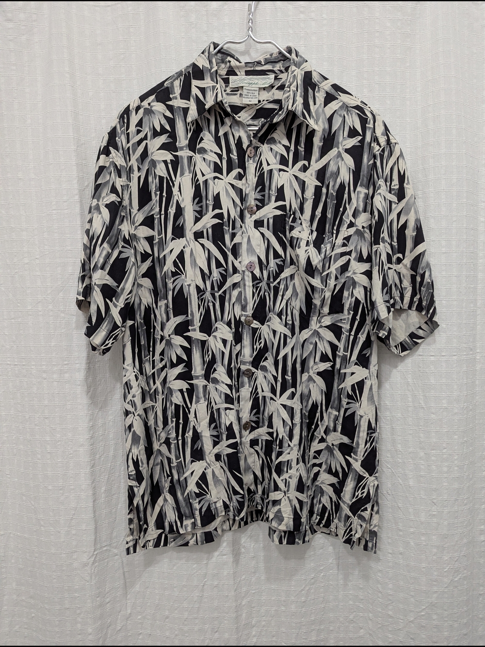 Pineapple Moon Black & White Bamboo Hawaiian Shirt 100% Silk Y2K